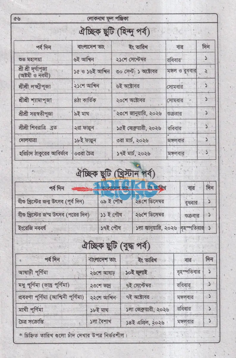 ৭৪ তম বর্ষ লোকনাথ ফুল পঞ্জিকা ১৪৩২ সনের Hindu Religious Books